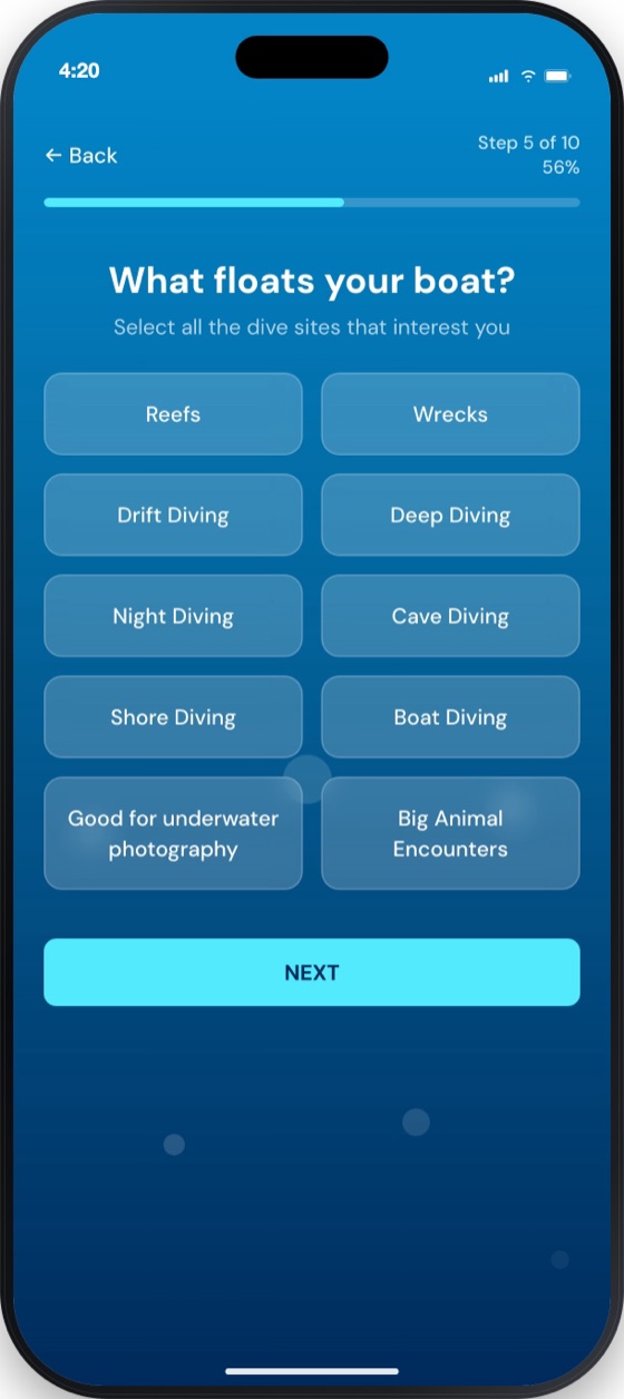 Diver app onboarding question about preferred dive sites