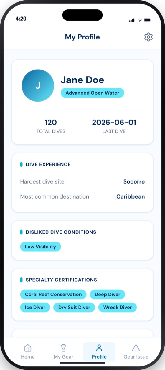 Diver app profile with certifications and dive experience
