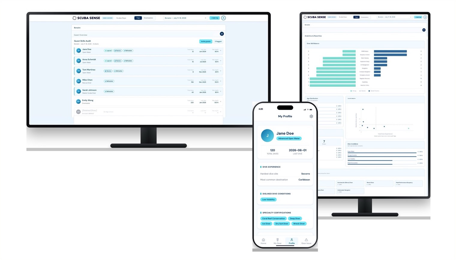 Scuba Sense Pro guest skills audit and analytics dashboards, with the diver profile on a phone